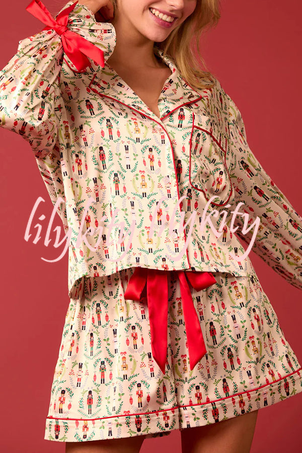 Christmas Print Lace-up Cuff Top and Elastic Waistband Pocket Casual Shorts Set