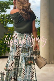 Terrace View Off Shoulder Tie Loose Top and Elastic Waist Unique Print Loose Pants Set