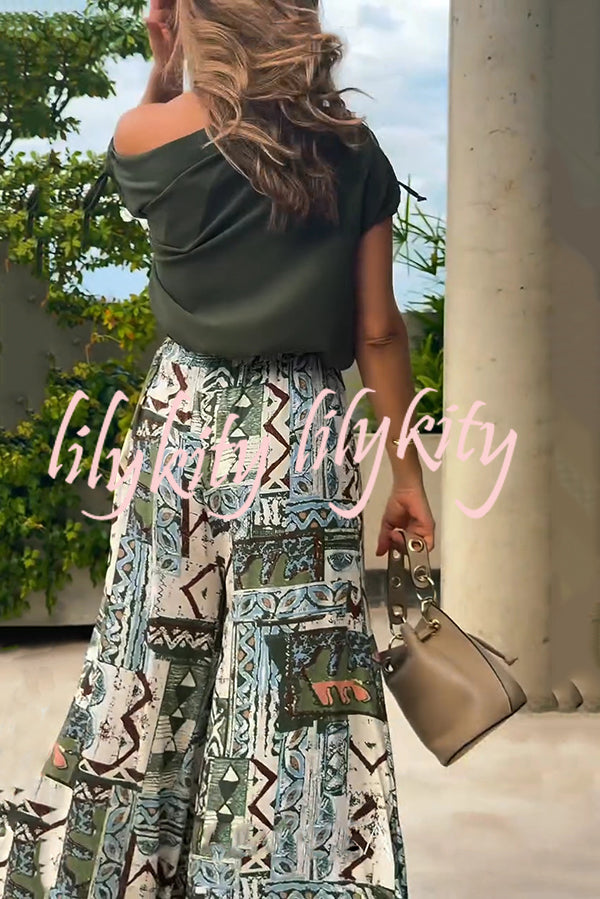 Terrace View Off Shoulder Tie Loose Top and Elastic Waist Unique Print Loose Pants Set