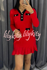 Stylish Waffle Contrast V-neck Ruffled Knitted Mini Dress