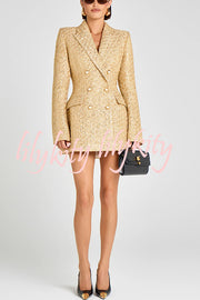 Heels Click Tweed Fabric Pearl Button Long Sleeve Lapel Blazer Mini Dress