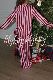 Courtney Satin Colorblock Striped Loose Shirt and Elastic Waist Pocketed Pajama Set