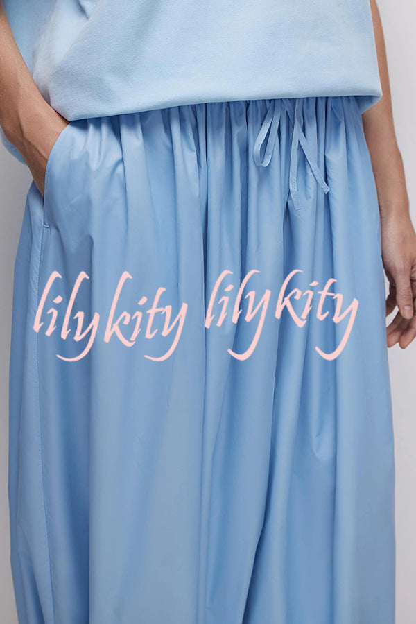 Solid Color Casual Pocket Elastic Waist Lantern Wide Leg Pants