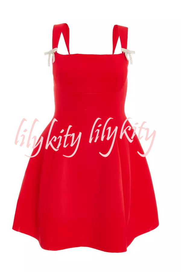 Holiday Happiness Square Neck Diamante Bow Detail A-line Mini Dress