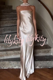 Satin Solid Color Elegant Strapless Slim Maxi Dress