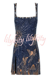 Magic and Night Sky Shiny Pattern Square Neck Slit Mini Dress