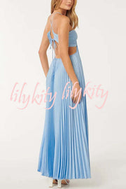 Caught Your Eye Satin Pleated Cross Straps Cutout Flowing Maxi Dress