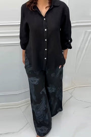 Fashion Lapel Long Sleeve Casual Shirt and Unique Print Elastic Waist Pocket Wide Leg Pants Set