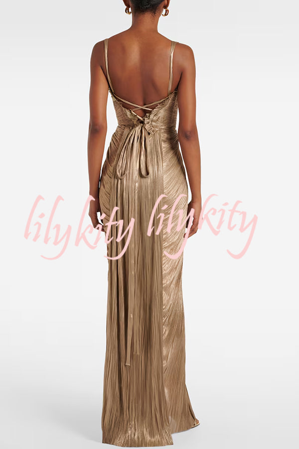 Vegas Queen Metallic Pleated Sculpted Bodice Back Lace-up Drape Maxi Dress
