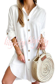 Solid Color Casual Button-Down Shirt Style Mini Dress