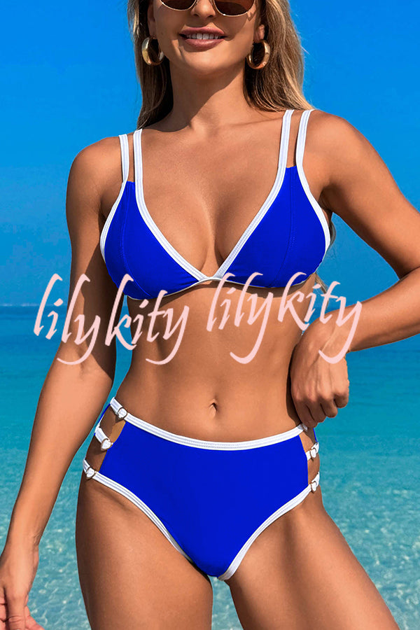 Contrast Color Lace-up Stretch Two-piece Bikini Swimsuit