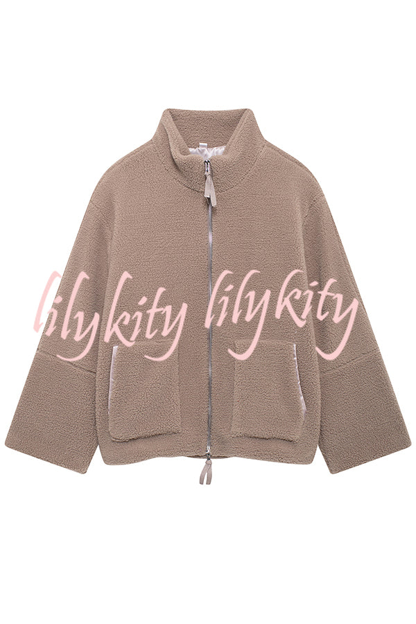 Solid Color Stitching High Collar Long Sleeve Loose Pocket Woolen Coat