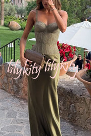 In A Fairytale Lace Satin Mid Rise Drape Maxi Skirt
