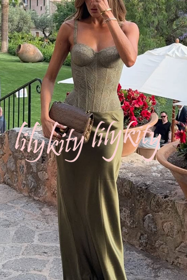 In A Fairytale Lace Satin Mid Rise Drape Maxi Skirt