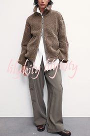 Solid Color Stitching High Collar Long Sleeve Loose Pocket Woolen Coat