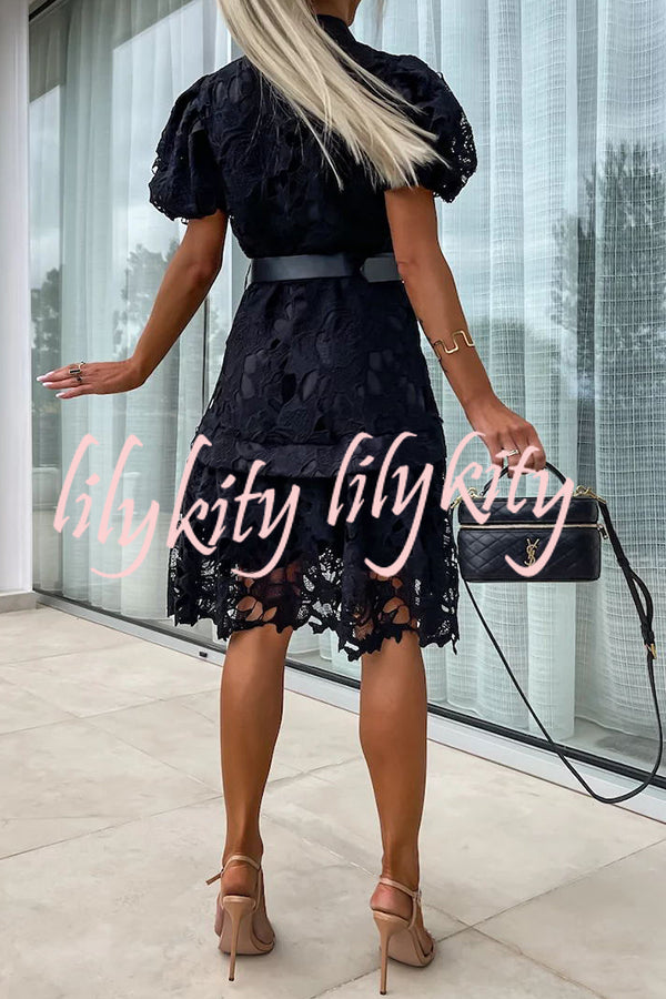 Absolutely Elegant Floral Crochet Lace Puff Sleeve Belted Shirt Midi Dress