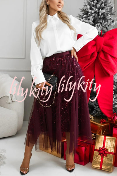 Party Daydream Sequin Tulle High Rise Elastic Waist Maxi Skirt