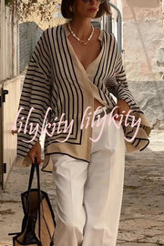 Comfortable and Effortless Striped Long Slit Sleeve Button Relaxed Loose Blouse