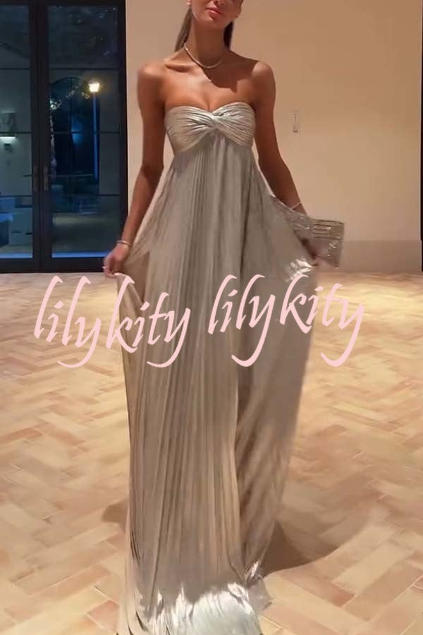Night Elf Metallic Fabric Pleated Off Shoulder Twist Bust Slit Maxi Dress