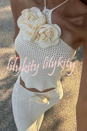 Blooming Sexy Knit Floral Halter Top and Stretch Crochet Maxi Skirt Cover-up Set