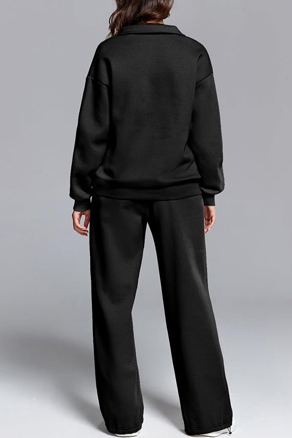 Solid Color Long-sleeved Lapel Sports Sweatshirt and Elastic Waist Casual Pocket Pants Set