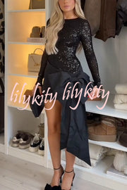 Forever New Sequin Long Sleeve Oversized Bow Drape Mini Dress