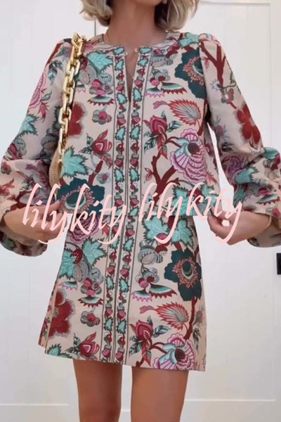 Autumn Garden Printed V-neck Long Bell Sleeve Top and Mid Rise Skirt Set