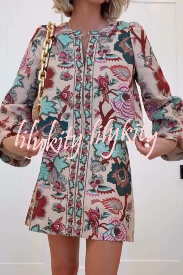 Autumn Garden Printed V-neck Long Bell Sleeve Top and Mid Rise Skirt Set