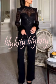 Aerie Sequin Embellished Mock Neck Long Sleeve Feather Cuff Flare Jumpsuit