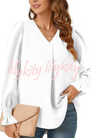 Solid Color V-neck Elastic Cuffs Long-sleeved Loose Top