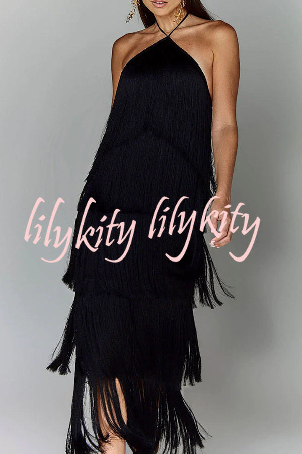 Sexy Halterneck Backless Elegant Fringe Maxi Dress