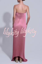 Darling Moment Satin Fabric Off Shoulder V-neck Asymmetric Hem A-line Maxi Dress