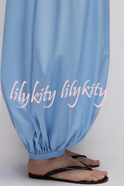 Solid Color Casual Pocket Elastic Waist Lantern Wide Leg Pants
