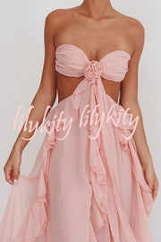 Gorgeous Vacation Halter Rose Detail Cut Out Ruffles Backless Maxi Dress