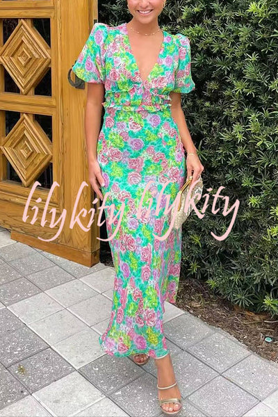 Floral Print V-neck Puff Sleeve Open-back Maxi Dress