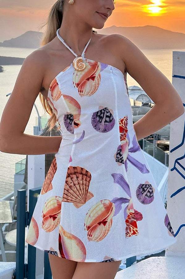 Seaside Bouquet Linen Blend Shells Unique Print Halter Mini Dress