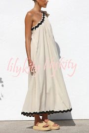 Linen Blend One Shoulder Tie Resort Maxi Dress