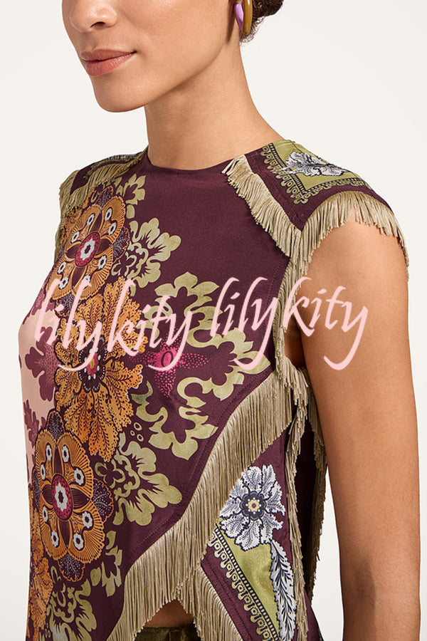 Stunning Floral Print Asymmetric Tassel Trim Scarf Top