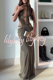 Khaki Hot-fix Rhinestone Shoulder Strap Cutout Design Backless Drape Maxi Dress