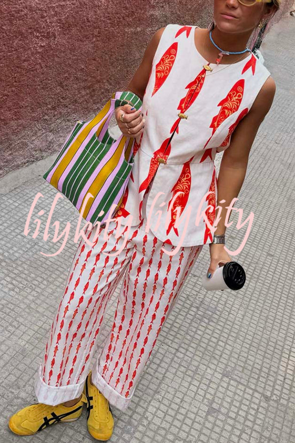 Good Luck Linen Blend Koi Pattern High Rise Elastic Waist Loose Pants