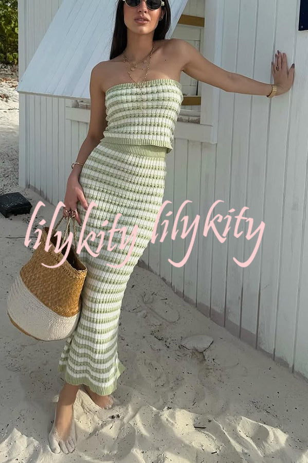 Bahamas Beach Knit Colorblock Stripes Bandeau Top and High Rise Stretch Maxi Skirt Set