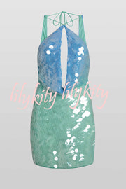 Fashion Sexy Sequined Backless Halter Neck Slim Fit Mini Dress