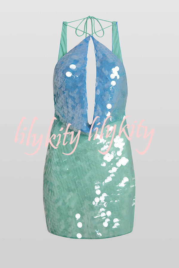 Fashion Sexy Sequined Backless Halter Neck Slim Fit Mini Dress