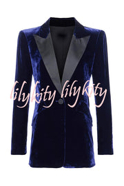Bold Modern Velvet Contrast Satin Lapel Blazer and High Rise Pocket Shorts Set