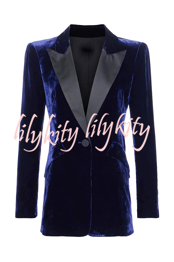 Bold Modern Velvet Contrast Satin Lapel Blazer and High Rise Pocket Shorts Set