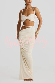 Sexy Halter Back Braided Suspender Top and Beach Holiday Style Hip-wrapped Maxi Skirt Set
