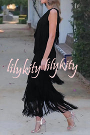 Stylish Fringed One Shoulder Asymmetric Midi Dress