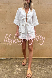 Celebrate Vacation Linen Blend Lace Splicing Tie-up Shirt and Elastic Waist Pocketed Shorts Set