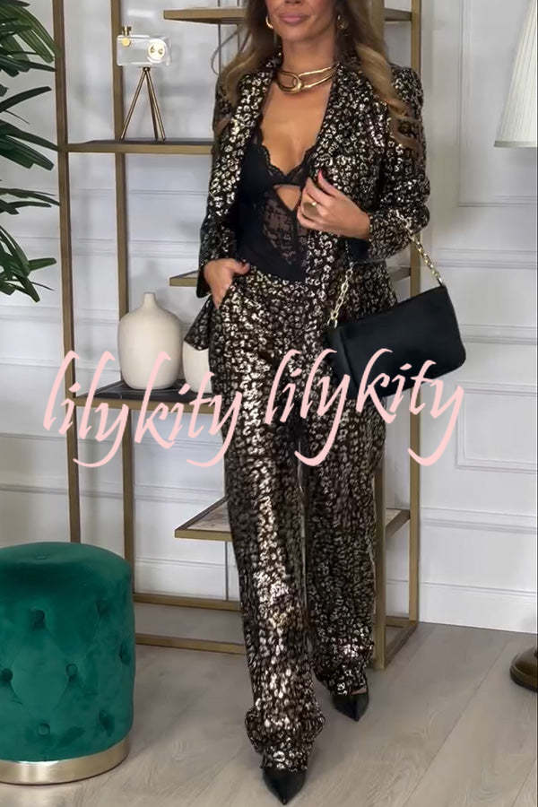 Mona Leopard Metallic Fabric Lapel Boyfriend Blazer and Elastic Waist Pocketed Loose Pants Set