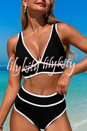 Solid Color Contrast High Waist Stretch Bikini Swimsuit